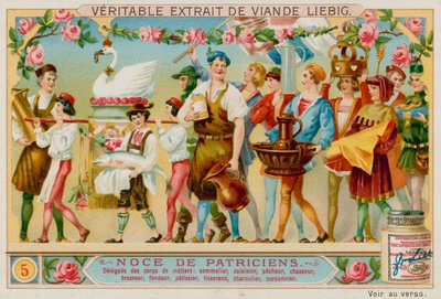 Représentants de différents métiers : marchand de vin, chef, pêcheur, chasseur, brasseur, forgeron, pâtissier, tisserand, boucher et cordonnier - European School