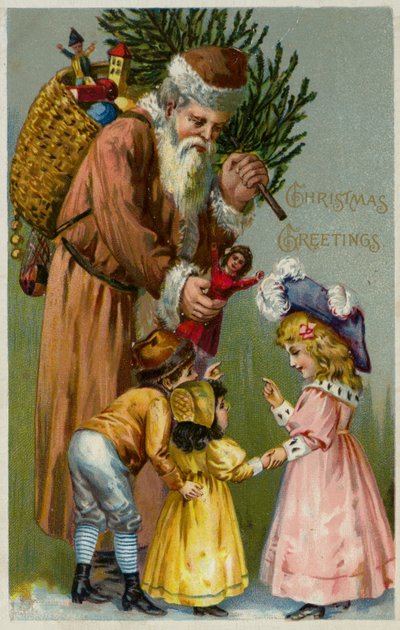 Père Noël offrant des cadeaux et un arbre de Noël à des enfants (lithographie couleur) - European School
