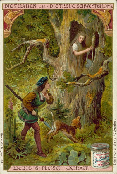 Scène des Sept Corbeaux, conte des frères Grimm (chromolitho) - European School