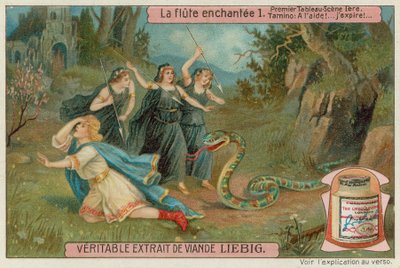 Trois serviteurs de la Reine de la Nuit tuent un serpent pour sauver Tamino - European School