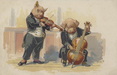 Deux cochons jouant des instruments de musique (lithographie couleur) - European School