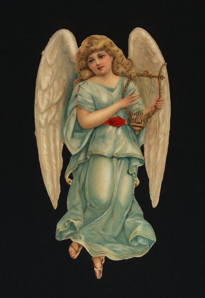 Découpes victoriennes : Ange jouant de la harpe (chromolithographie) - European School