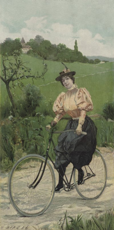 Femme à vélo sur une route de campagne (lithographie en couleur) - European School