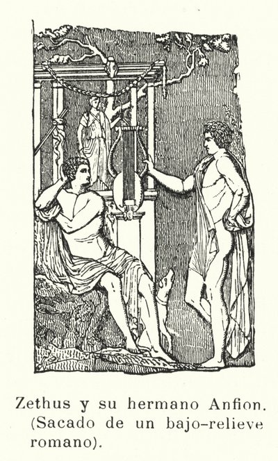 Zéthos et Amphion, fils jumeaux de Zeus, bas-relief romain (lithographie) - European School