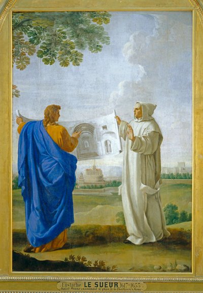 Saint Bruno examinant un dessin des thermes de Dioclétien, futur site de la chartreuse de Rome ... - Eustache (studio of) Le Sueur