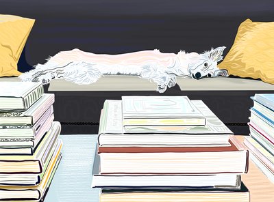Minnie sur le canapé avec des livres, vers 2020-24 (art numérique) - Evan Sklar