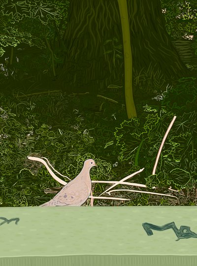 Colombe endeuillée sur le mur de Prospect Park, vers 2020-24 (art numérique) - Evan Sklar