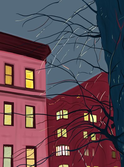Écureuil sur un arbre par une soirée pluvieuse, vers 2020-24 (art numérique) - Evan Sklar