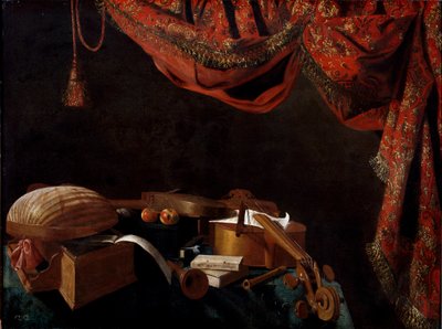 Nature morte avec instruments de musique et livres, peinture d