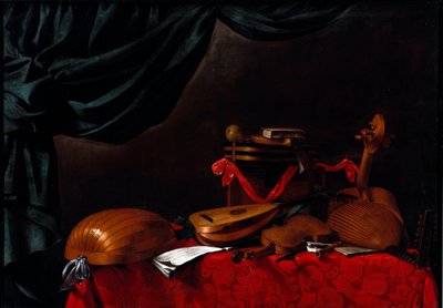 Nature morte avec instruments de musique et une poire. Peinture d