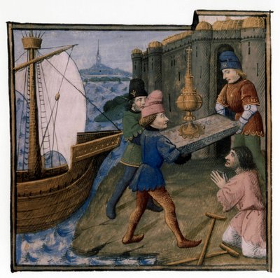Légende arthurienne : Galaad, Perceval et Bohort apportant le Saint Graal en Palestine : le Graal va guérir le mendiant infirme, enluminure par Evrard d