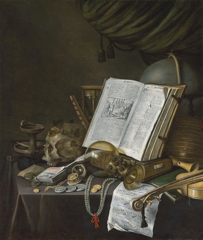 Nature morte avec pièces de monnaie et autres objets sur une table - Evert Collier