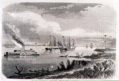 Un vapeur et un remorqueur sur le Mississippi, gravé par Stéphane Pannemaker (1847-1930) - Evremond de (after) Berard