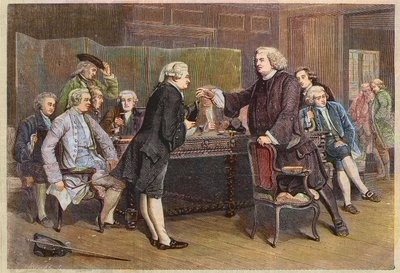 Introduction de Boswell au Club Littéraire - Le docteur Johnson reçoit Boswell dans la bibliothèque - Gravure d