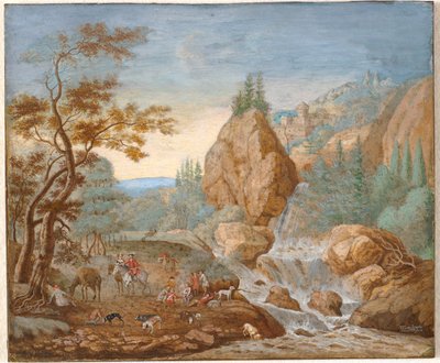 Paysage de montagne avec une partie de chasse au premier plan - F.C. van Bracht