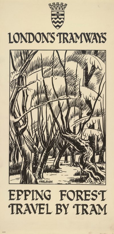 Epping Forest, voyage en tramway, affiche des tramways du London County Council LCC - FW Farleigh