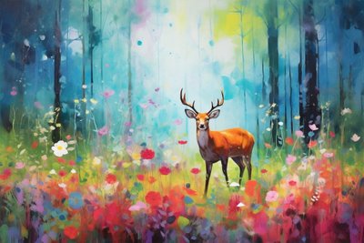 Un cerf dans la nature et les arbres de la forêt, couleurs vives - F. Abderrahim