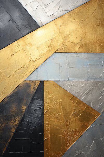 Peinture abstraite argent et or, toile verticale, décoration murale pour salon - F. Abderrahim