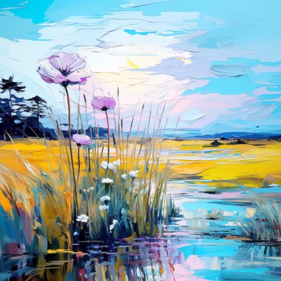 Fleurs bleues abstraites dans un paysage au lever du soleil - F. Abderrahim