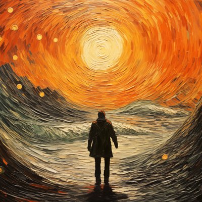 Scène surréaliste, un homme dans les vagues de la mer, style impressionniste de Vincent van Gogh - F. Abderrahim