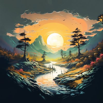 paysage de montagnes fantastiques au coucher du soleil, dessin numérique, art mural - F. Abderrahim