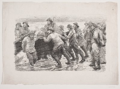 Pêcheurs en train de mettre un bateau à l