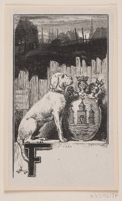 Vignette initiale."F" avec un chien et les armoiries de Copenhague - F. Hendriksen