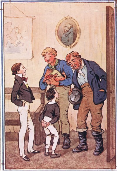 M. Peggotty a sorti deux homards prodigieux et un crabe énorme et un grand sac de crevettes de ses poches, illustration de David Copperfield, 1914 - F. M. B. Blaikie
