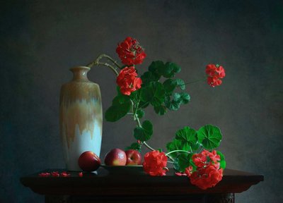 Nature morte aux géraniums et aux fruits - Fangping Zhou