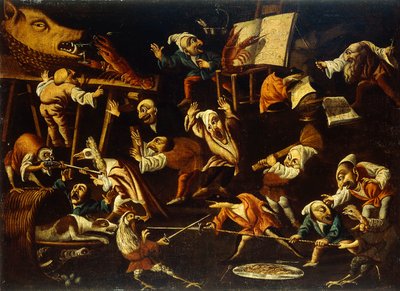 Animaux imaginaires et nains se battant, buvant et festoyant - Faustino Bocchi or Boccasi