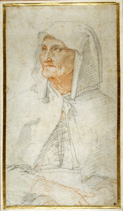 Vieille dame assise, mi-longueur (craies colorées sur papier) - Federico Zuccaro