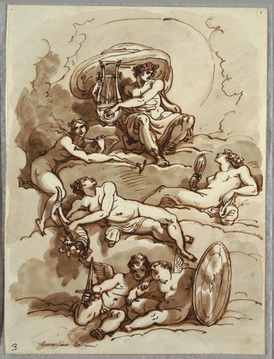 Apollon avec lyre, Renommée, Abondance, Beauté et deux putti sur des nuages, Étude d