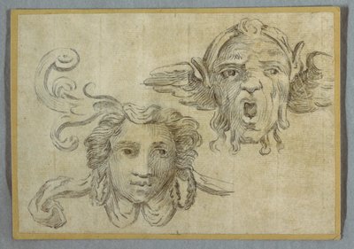 Masque avec guirlande et oreilles ; Masque avec barbe et oreilles de satyre - Felice Giani