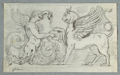 Frise sculptée avec demi-figure de garçon ailé et griffon - Felice Giani