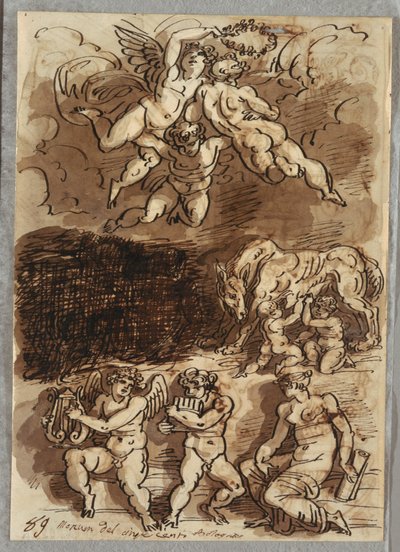 Trois putti avec guirlande; Romulus et Rémus allaités par la louve; Deux putti jouant des cymbales - Felice Giani