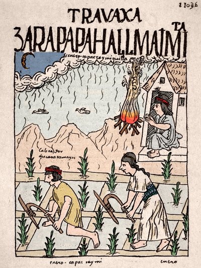 Empire Inca : un couple indien de la classe Hatun Runa travaille la terre en janvier - Dessin à l