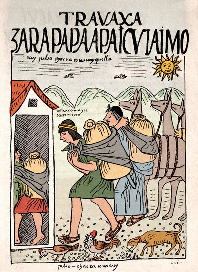 Empire Inca : paysans incas travaillant dans les champs en juillet - Dessin à l