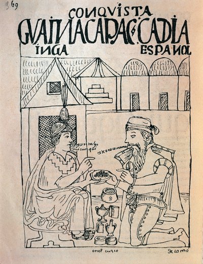 Inca de Cuzco et conquistador anglais recevant des cadeaux en échange de la liberté de l