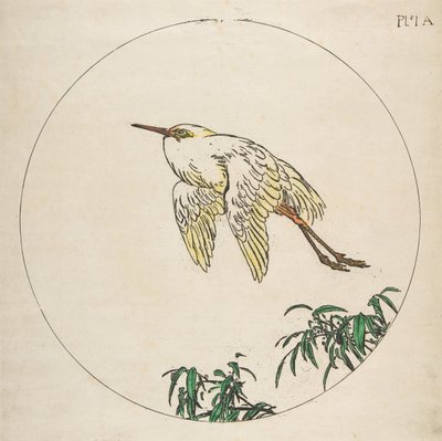 Décoration pour une assiette : Un héron volant au-dessus des branches de bambou, 1850-1914 - Felix Bracquemond