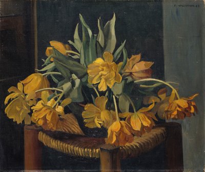 Tulipes jaunes doubles sur une chaise en osier - Felix Edouard Vallotton