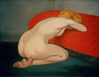 Femme nue agenouillée devant un canapé rouge - Felix Edouard Vallotton