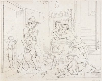 (Rip Van Winkle, illustration) Rip harcelé par sa femme - Felix Octavius Carr Darley