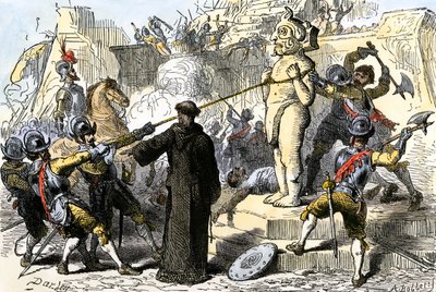 Prêtres espagnols détruisant les idoles aztèques du Mexique. 19e siècle (gravure en couleur) - Felix Octavius Carr Darley