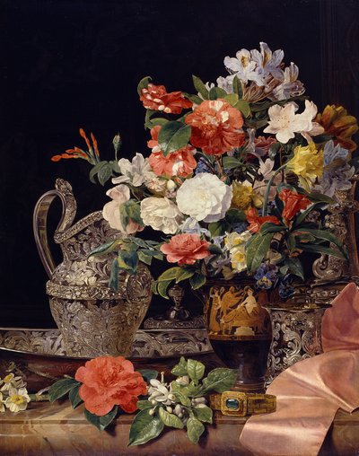 Bouquet de fleurs avec des récipients en argent et un vase antique - Ferdinand Georg Waldmüller