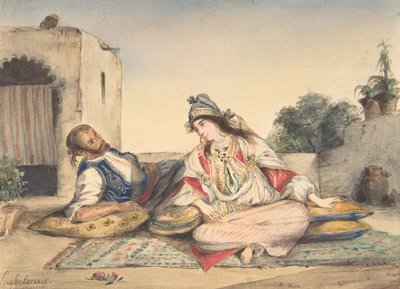 Un Couple Maure sur Leur Terrasse - Ferdinand Victor Eugene Delacroix