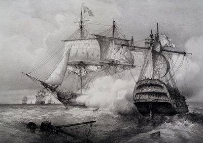 Bataille entre un navire américain de 74 canons et une frégate britannique, lithographie de Ferdinand Perrot - Ferdinand Victor Perrot