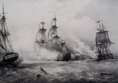 Combat entre navires de troisième rang britanniques et américains avec 74 canons, lithographie par Ferdinand Perrot - Ferdinand Victor Perrot