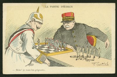 Carte postale, satirique en couleurs : Hein ! Je te grignote - Guerre de 14-18, Allemagne Prusse - Guillaume II, Joffre, soldats - Fernand Louis Gottlob