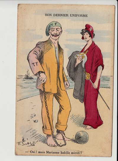 Carte postale satirique en couleurs : Son dernier uniforme - Guerre de 14-18 - Marianne, Guillaume II Illustration par Gottlob (1873-1935) - Fernand Louis Gottlob