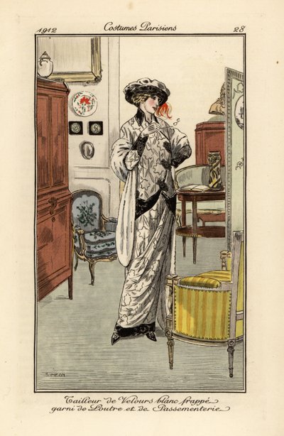 Femme en costume de velours blanc décoré de fourrure de loutre - Fernand Siméon